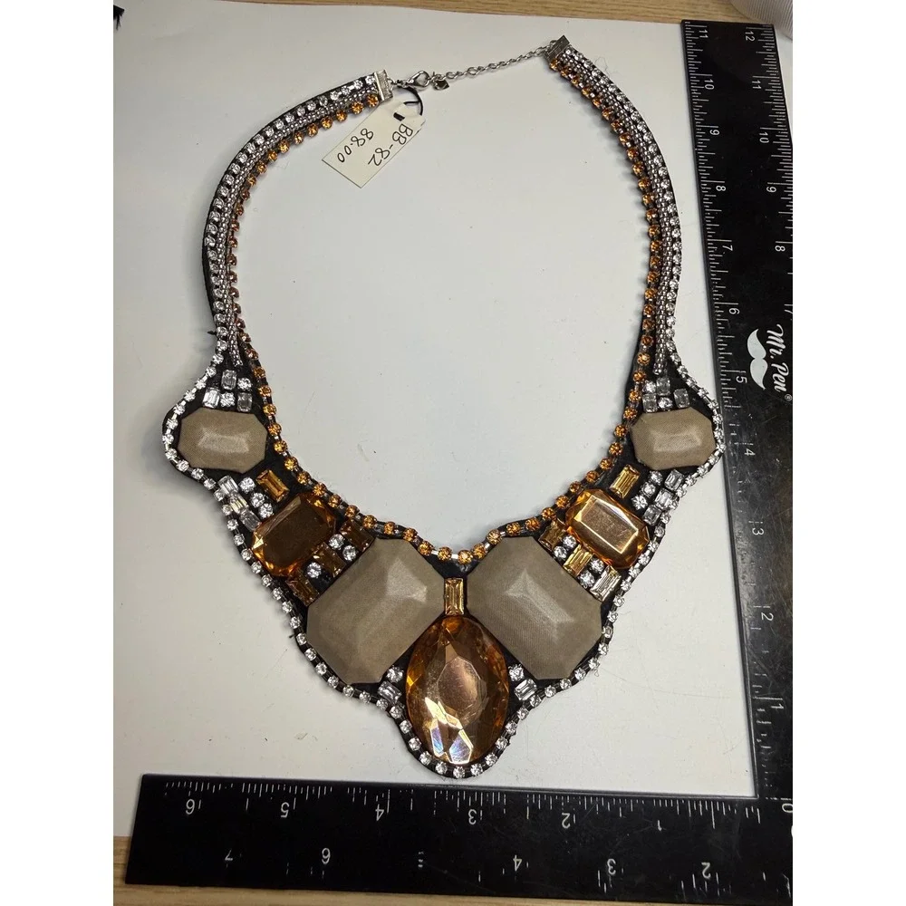 Statement Bib Necklace Amber Champagne Crystal Rhinestone Felt Back Adjustable